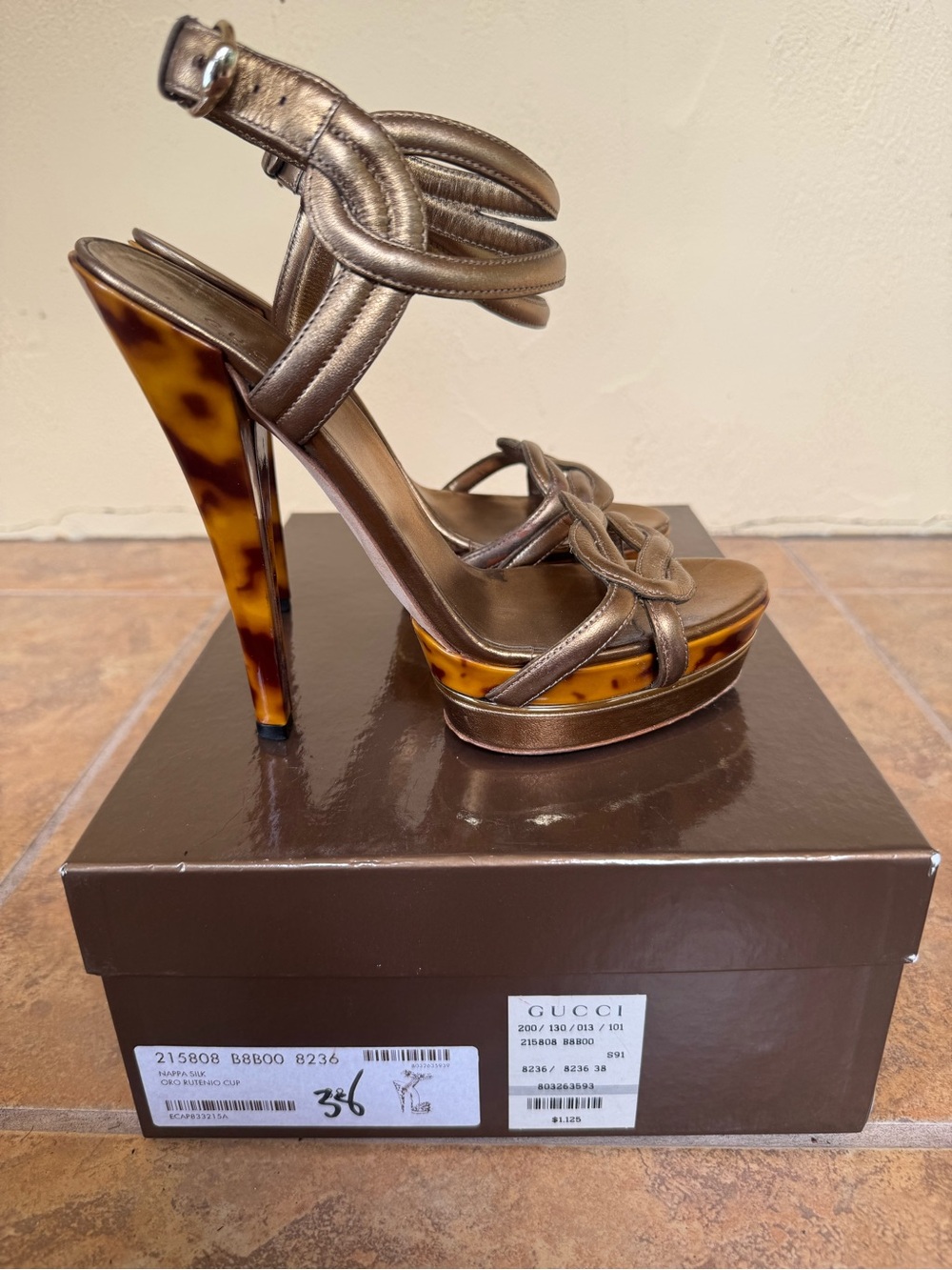 Gucci Metallic Bronze Leather Platform Sandals with Tortoiseshell Heel
